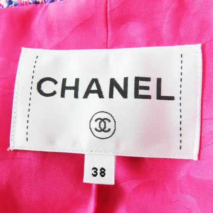 Chanel 24P Cotton CC Logo Bijou Button Checkered Pattern Tweed Jacket Pink Blue — view 8
