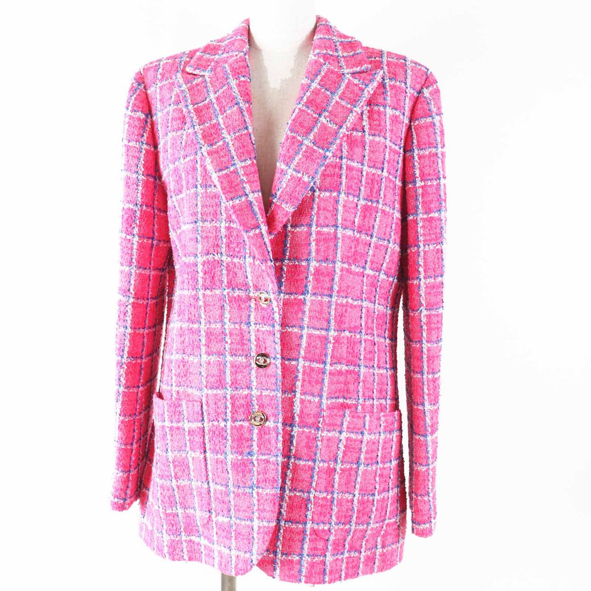 Chanel 24P Cotton CC Logo Bijou Button Checkered Pattern Tweed Jacket Pink Blue