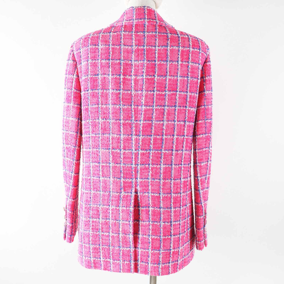 Chanel 24P Cotton CC Logo Bijou Button Checkered Pattern Tweed Jacket Pink Blue — view 4