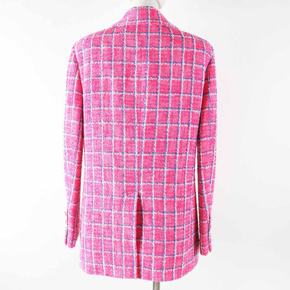 Chanel 24P Cotton CC Logo Bijou Button Checkered Pattern Tweed Jacket Pink Blue — view 4