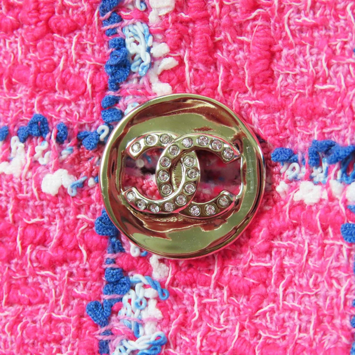 Chanel 24P Cotton CC Logo Bijou Button Checkered Pattern Tweed Jacket Pink Blue — view 6
