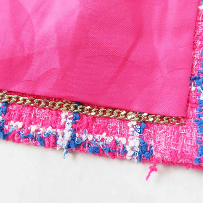 Chanel 24P Cotton CC Logo Bijou Button Checkered Pattern Tweed Jacket Pink Blue — view 7