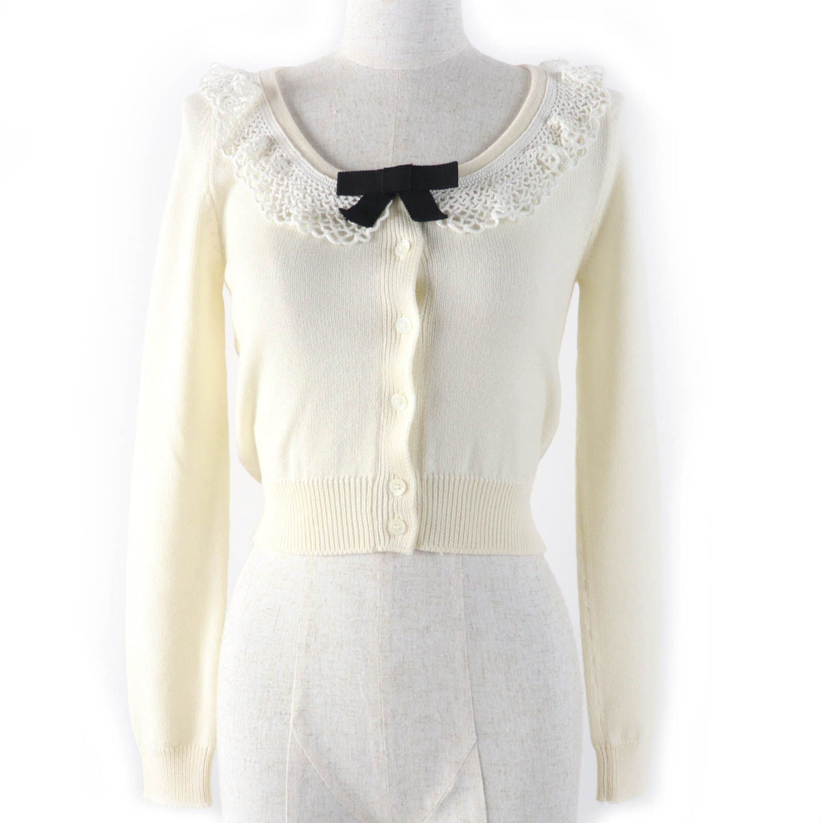 Miu Miu Wool 100% Cropped Long Sleeve Knit Cardigan Ivory 36