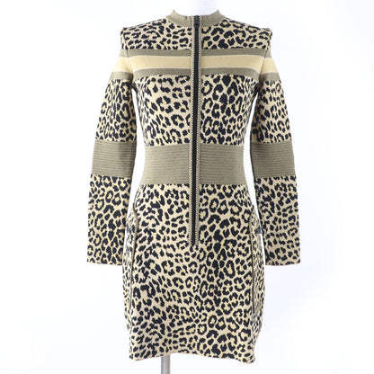Dior Leopard Print Long Sleeve Half Zip Knit Dress Brown 40