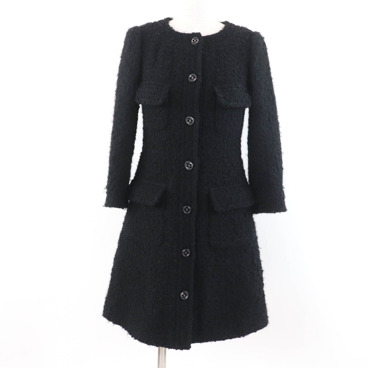 Chanel Wool CC Logo Buttoned Tweed Coat Black 34