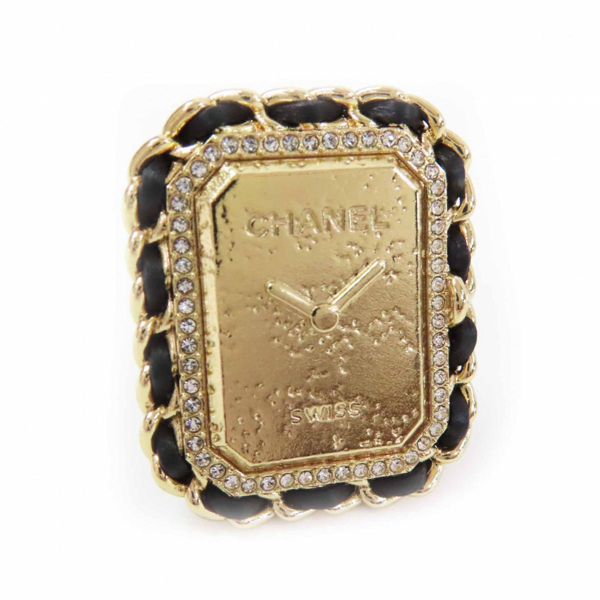 Chanel Premiere Watch Design CC Logo Rhinestone Decoration Ring Black Gold