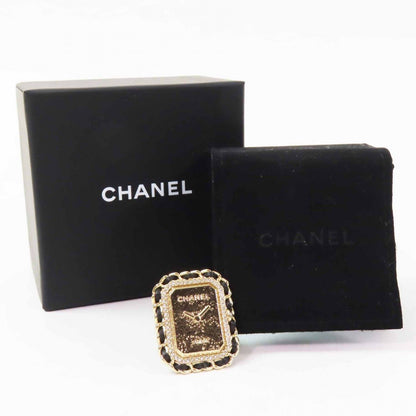 Chanel Premiere Watch Design CC Logo Rhinestone Decoration Ring Black Gold — view 2