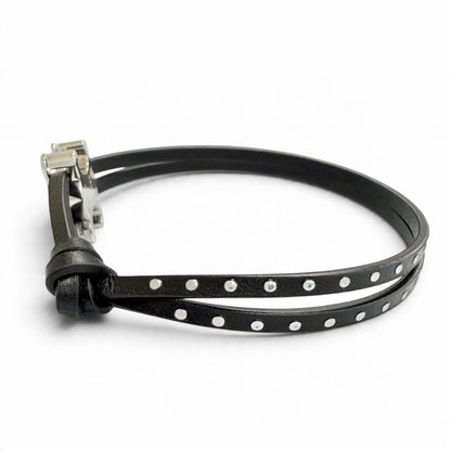 Celine Triomphe Studded Clasp Leather Bangle Bracelet Black Silver — view 3