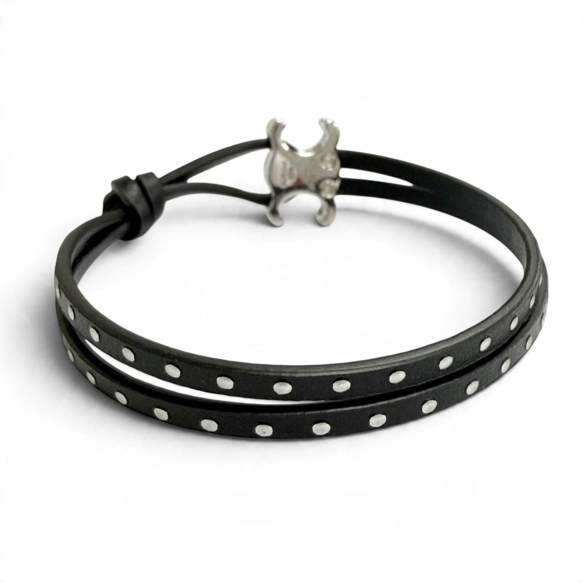 Celine Triomphe Studded Clasp Leather Bangle Bracelet Black Silver — view 5