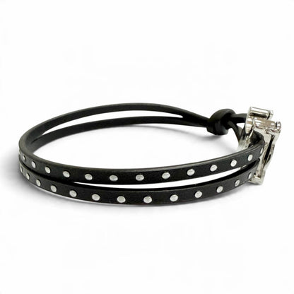 Celine Triomphe Studded Clasp Leather Bangle Bracelet Black Silver — view 4