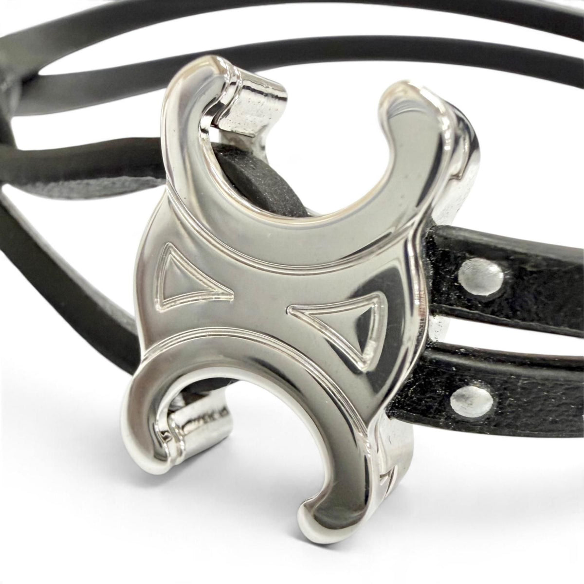 Celine Triomphe Studded Clasp Leather Bangle Bracelet Black Silver — view 7