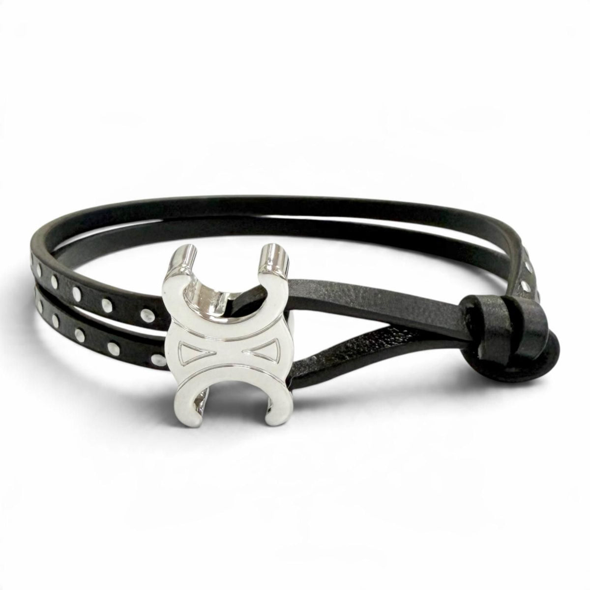 Celine Triomphe Studded Clasp Leather Bangle Bracelet Black Silver