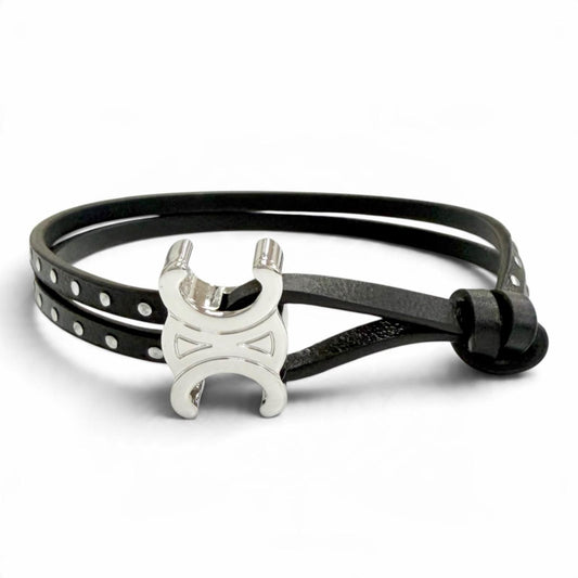 Celine Triomphe Studded Clasp Leather Bangle Bracelet Black Silver