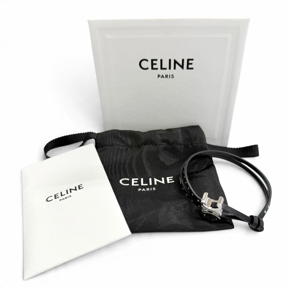 Celine Triomphe Studded Clasp Leather Bangle Bracelet Black Silver — view 2