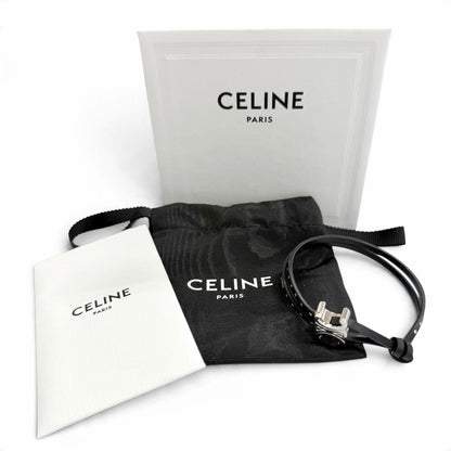 Celine Triomphe Studded Clasp Leather Bangle Bracelet Black Silver — view 2