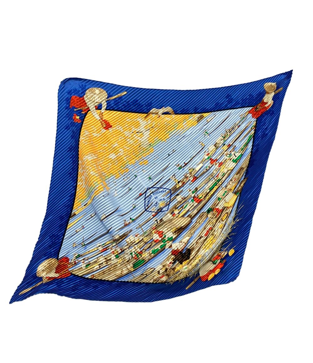 Hermes Pleated Scarf Carre 90 Silk 100% Inle Lake Floating Market