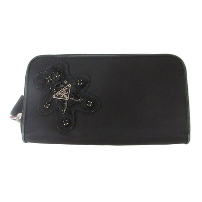 Prada Wallet Zip Closure Logo Triangle Plate Bijou Bear Black