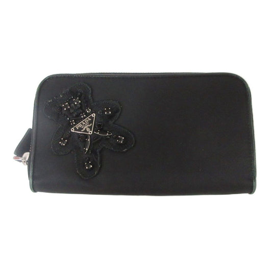 Prada Wallet Zip Closure Logo Triangle Plate Bijou Bear Black