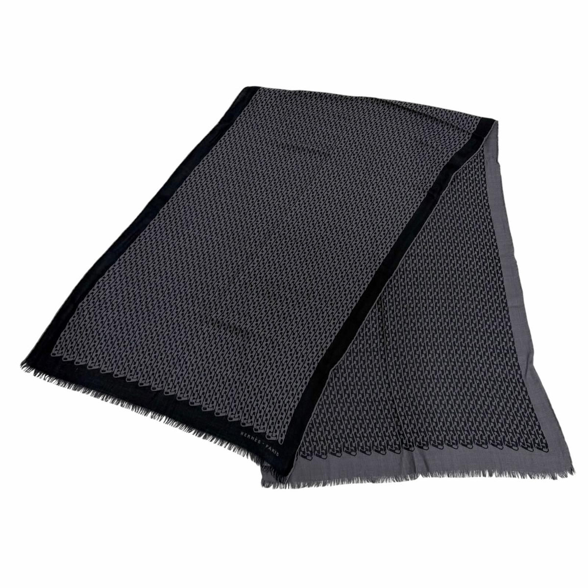 Hermes Cashmere Silk Blend Logo Chain Pattern Fringe Shawl Black Gray Scarf — view 7