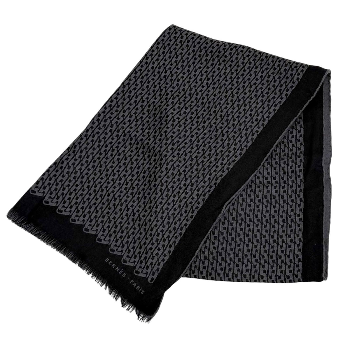 Hermes Cashmere Silk Blend Logo Chain Pattern Fringe Shawl Black Gray Scarf