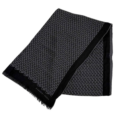 Hermes Cashmere Silk Blend Logo Chain Pattern Fringe Shawl Black Gray Scarf