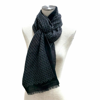 Hermes Cashmere Silk Blend Logo Chain Pattern Fringe Shawl Black Gray Scarf — view 6