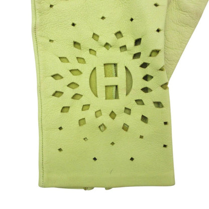 Hermes Gloves Lambskin Cutwork H Logo Perforated Light Green — view 5