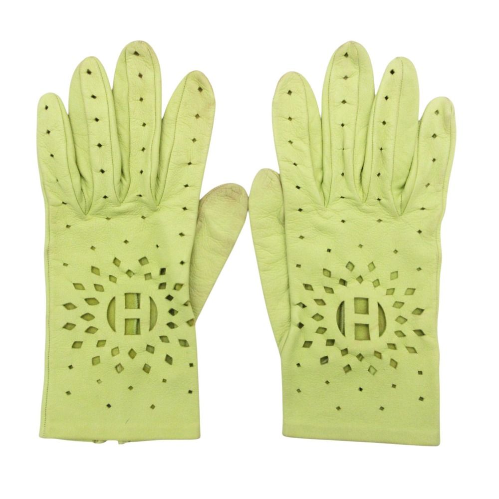 Hermes Gloves Lambskin Cutwork H Logo Perforated Light Green