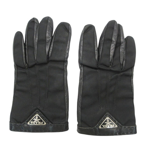 Prada Gloves Leather Nylon Triangle Logo Plate Black