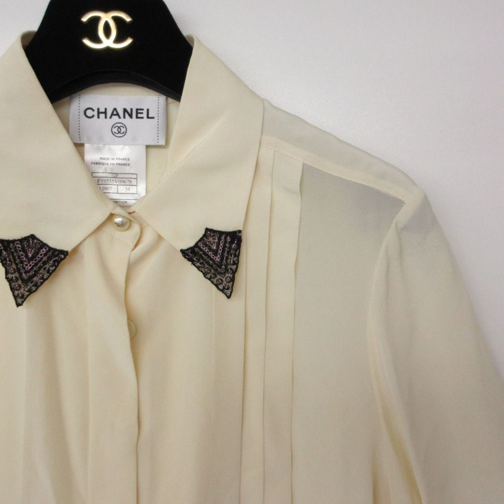 Chanel Blouse Shirt Long Sleeve Silk 100% Lace Beaded Pleated Top Ivory — view 6