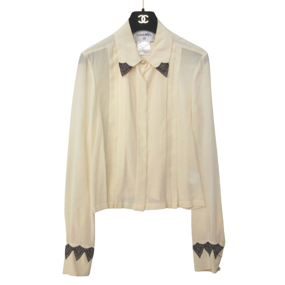 Chanel Blouse Shirt Long Sleeve Silk 100% Lace Beaded Pleated Top Ivory