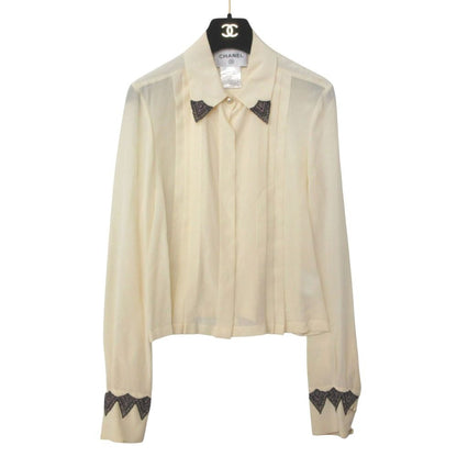 Chanel Blouse Shirt Long Sleeve Silk 100% Lace Beaded Pleated Top Ivory