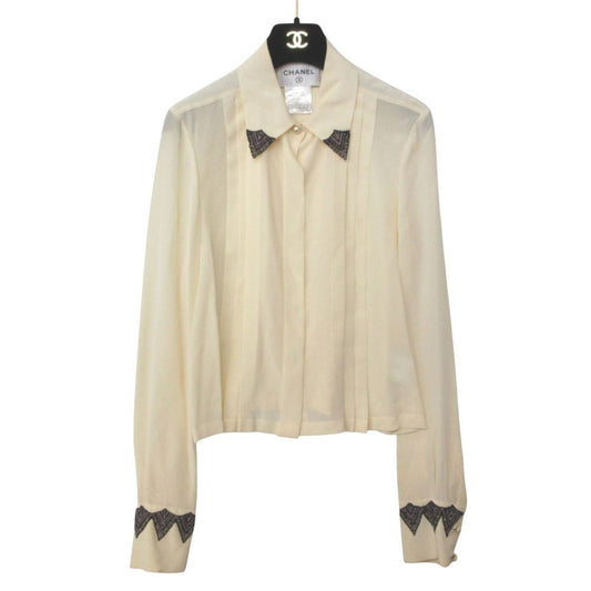 Chanel Blouse Shirt Long Sleeve Silk 100% Lace Beaded Pleated Top Ivory