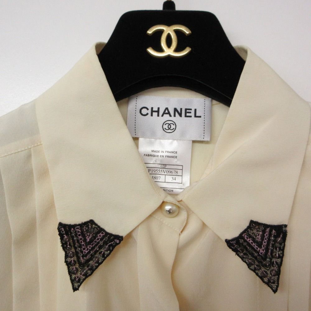 Chanel Blouse Shirt Long Sleeve Silk 100% Lace Beaded Pleated Top Ivory — view 4