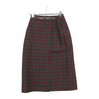 Celine Skirt Vintage Wrap Knee-Length Gold Plaid Gray Red M LM 38