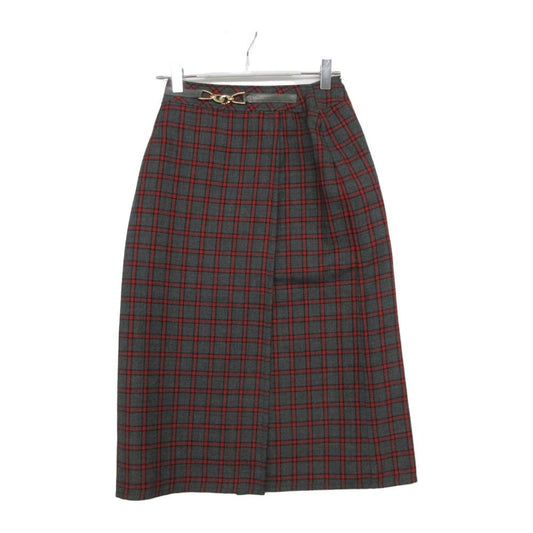 Celine Skirt Vintage Wrap Knee-Length Gold Plaid Gray Red M LM 38