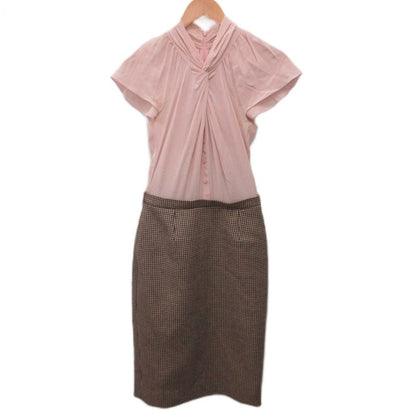 Dior Dress Knee-Length Contrast Silk 100% Check Pink Brown 36