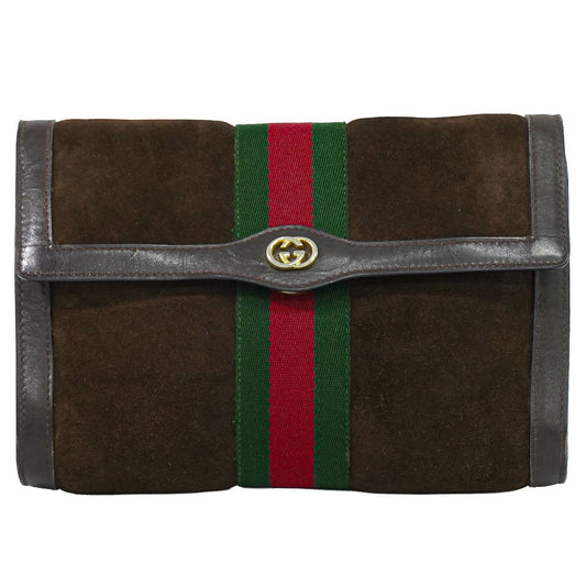 Gucci Parfums Sherry Line Clutch Suede Leather Brown