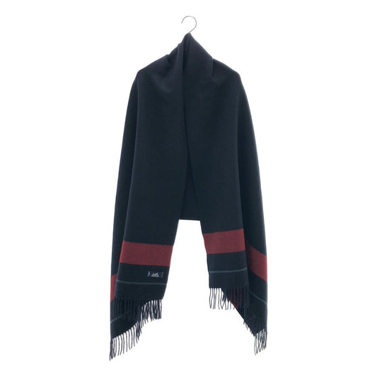 Hermes Cashmere 100% Fringe Long Shawl Navy Red Scarf