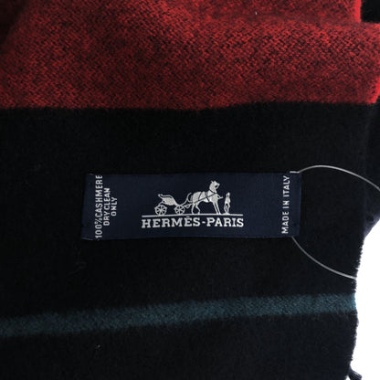 Hermes Cashmere 100% Fringe Long Shawl Navy Red Scarf — view 3