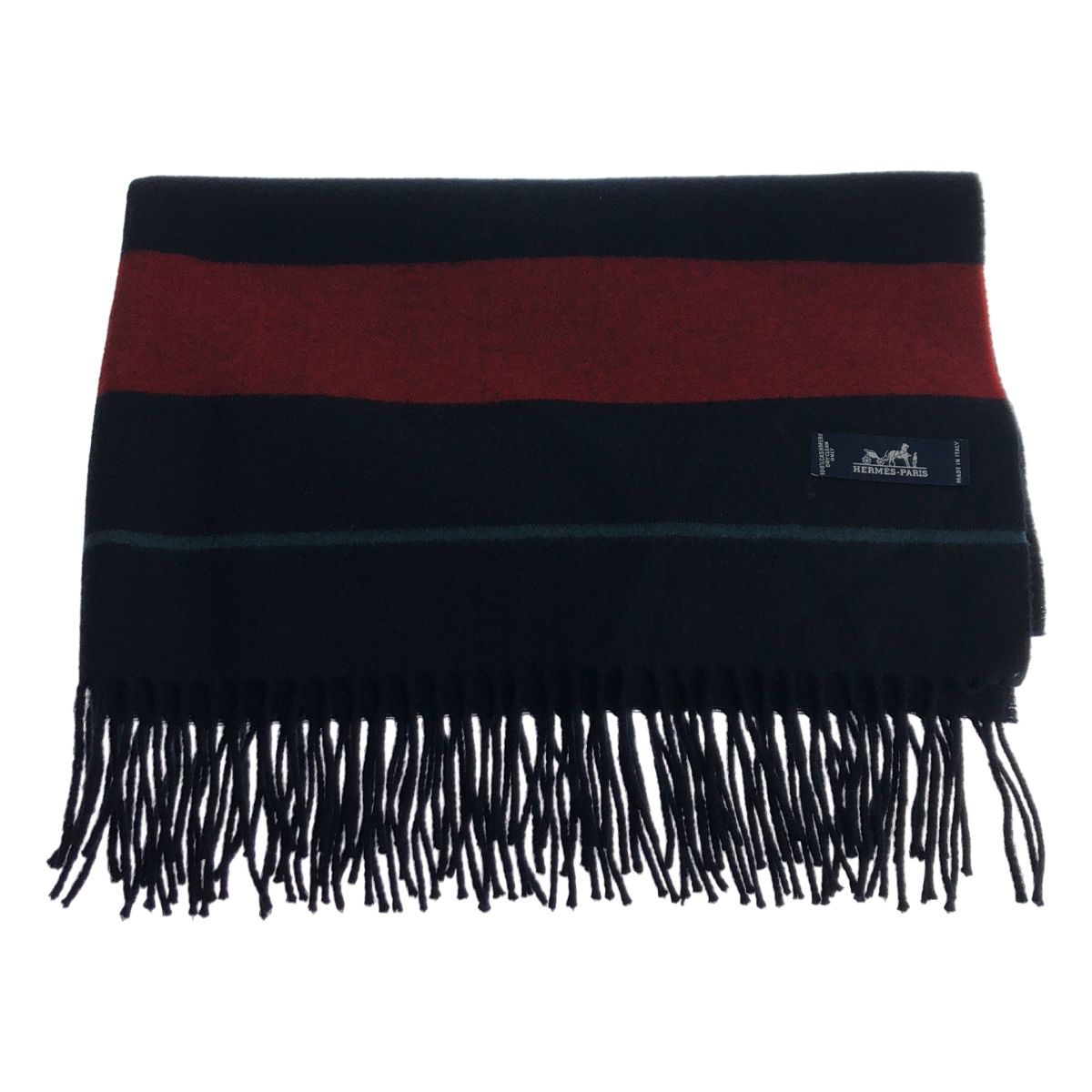 Hermes Cashmere 100% Fringe Long Shawl Navy Red Scarf — view 2