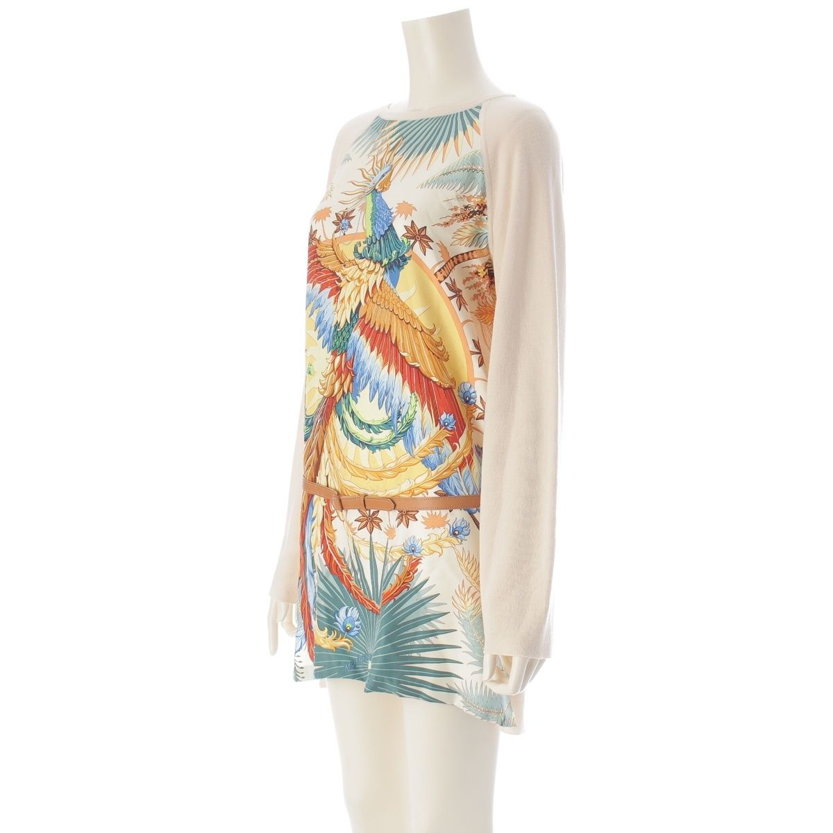 Hermes Mythiques Phoenix Wool Silk Twillaine Belted Knit Tunic Dress Beige — view 2