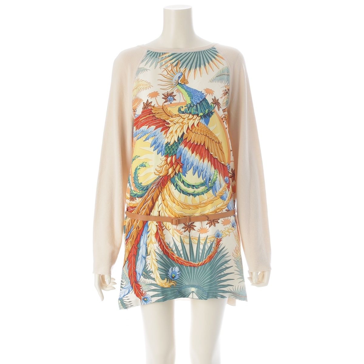 Hermes Mythiques Phoenix Wool Silk Twillaine Belted Knit Tunic Dress Beige
