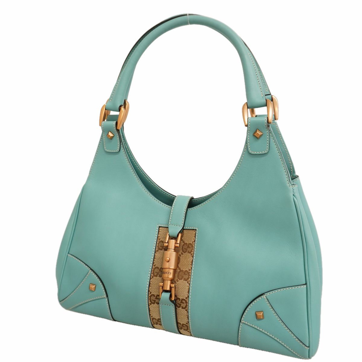 Gucci Handbag GG Canvas New Jackie Leather Turquoise Blue Brown Pink Gold