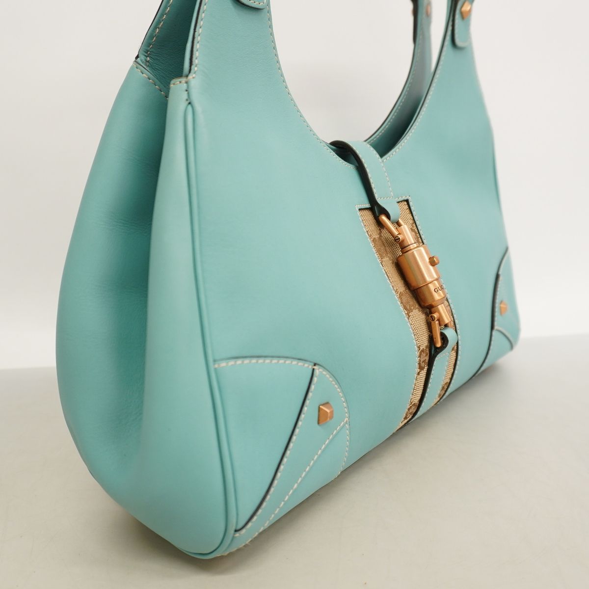 Gucci Handbag GG Canvas New Jackie Leather Turquoise Blue Brown Pink Gold — view 2