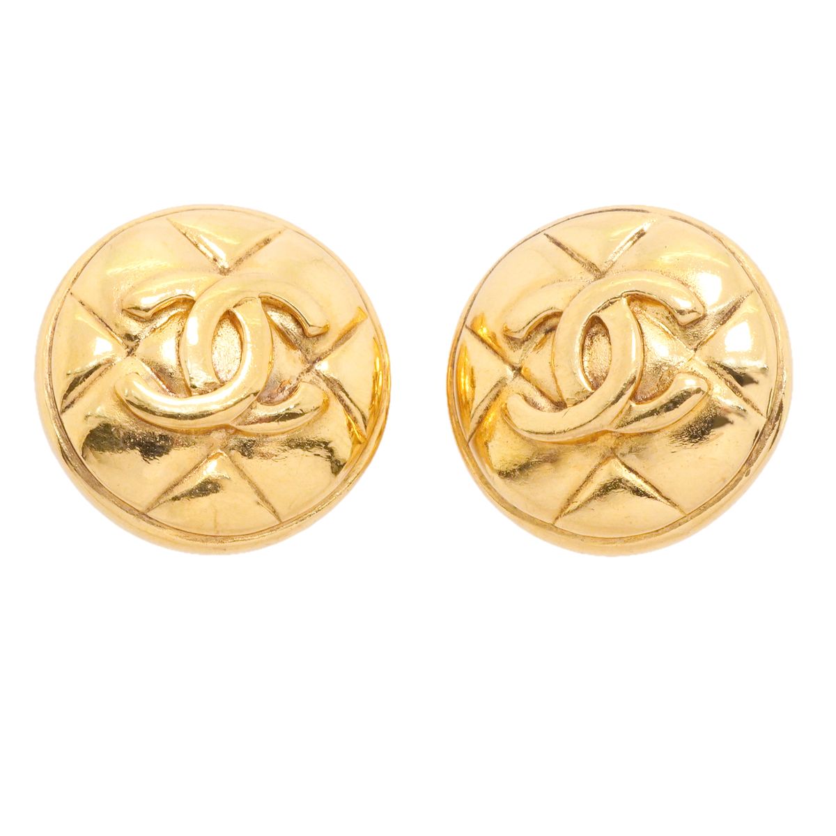 Chanel Earrings Vintage CC Logo Quilted Round Circle Gold Plated