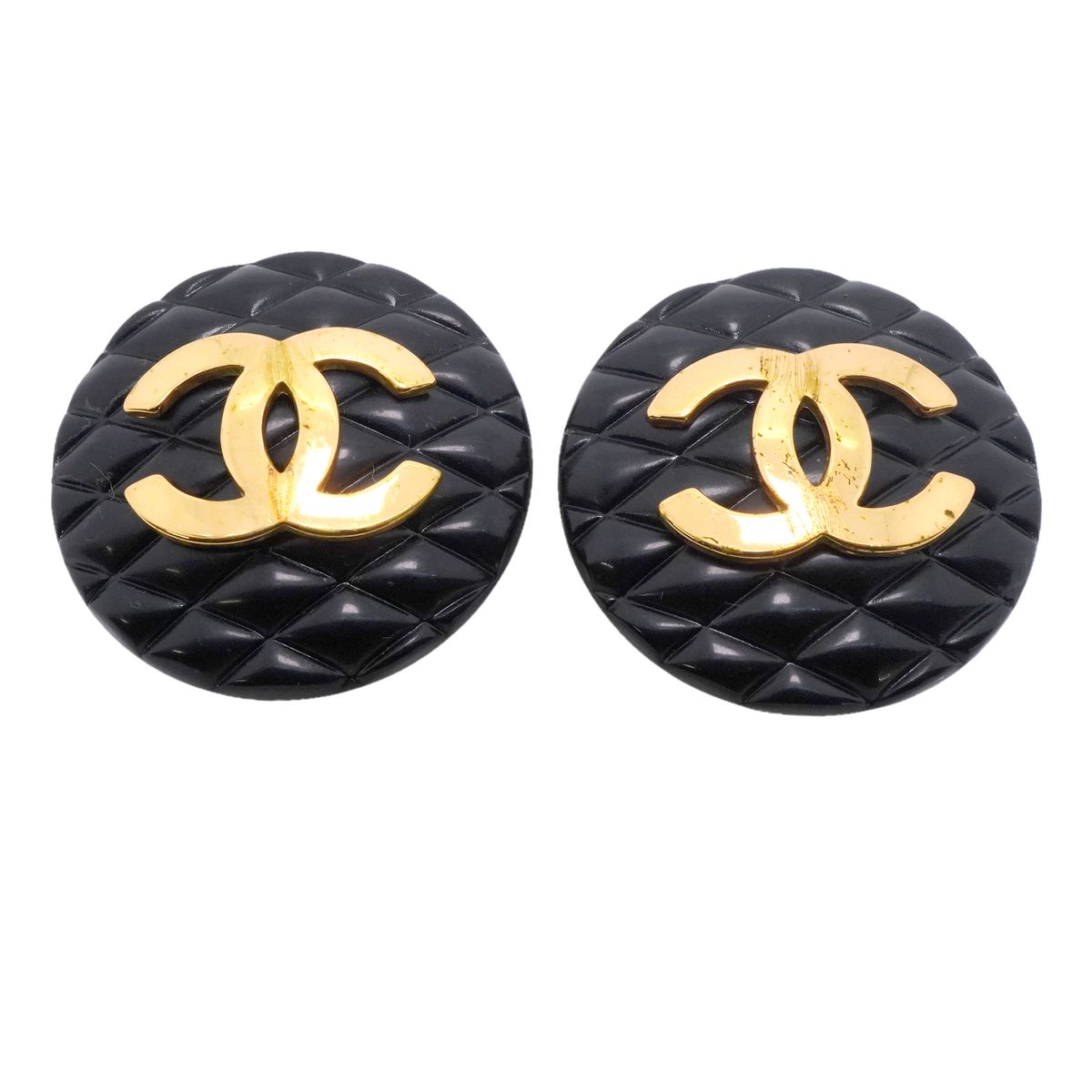 Chanel Earrings Vintage CC Logo Quilted Plastic Gold Plated Black