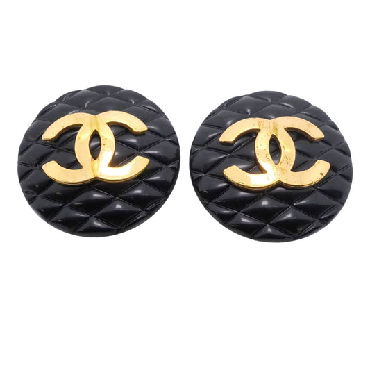 Chanel Earrings Vintage CC Logo Quilted Plastic Gold Plated Black