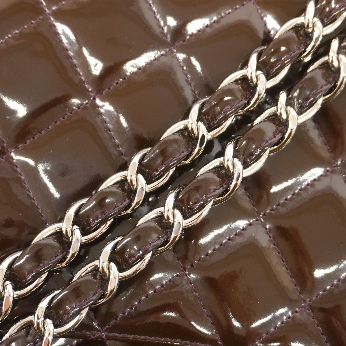 Chanel Shoulder Bag Maxi Quilted Patent Leather Brown Silver — view 7