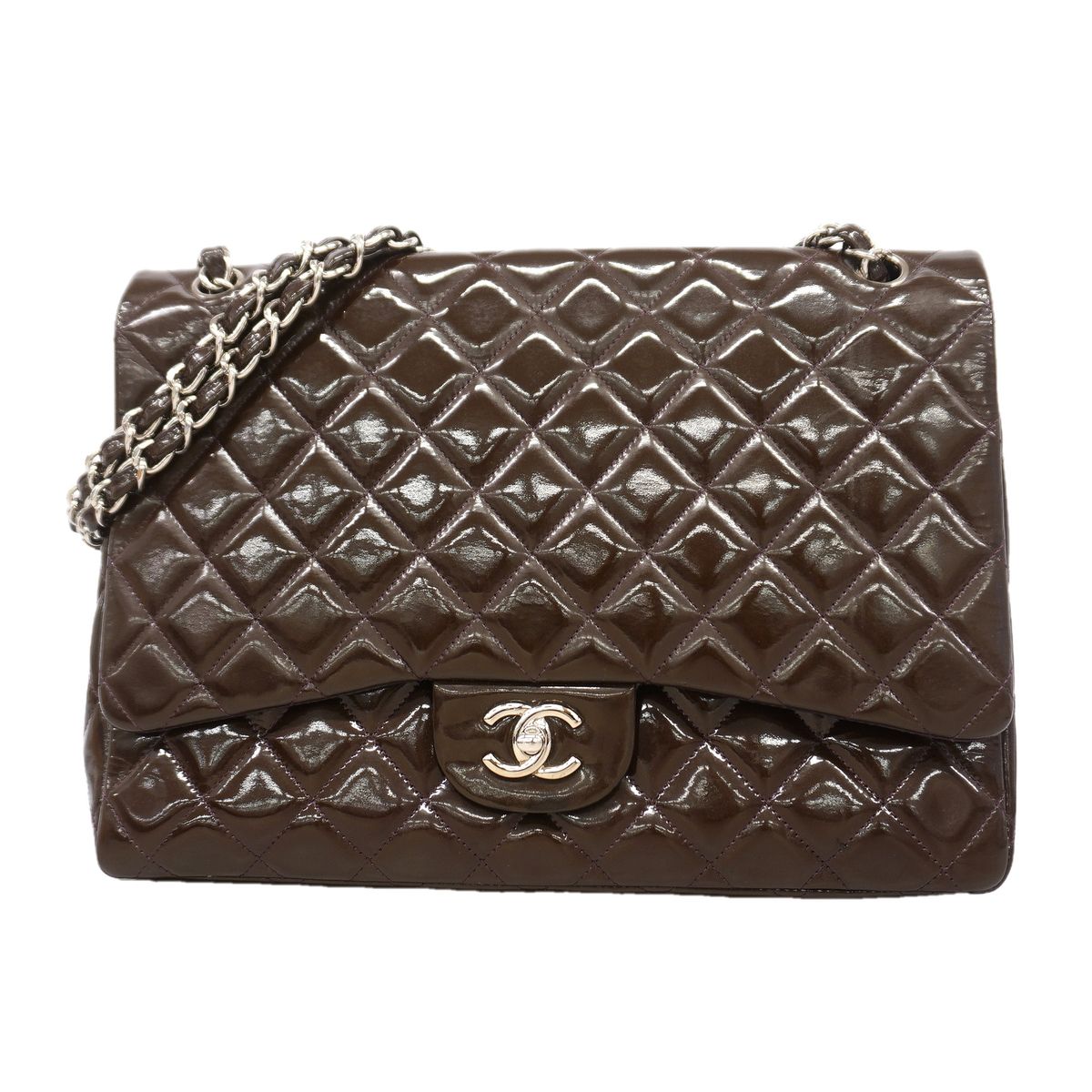 Chanel Shoulder Bag Maxi Quilted Patent Leather Brown Silver
